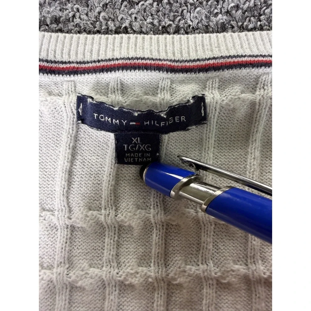 Tommy Hilfiger Sweater Womens XL White Logo Cable Knit Ribbed Hem Round Neck